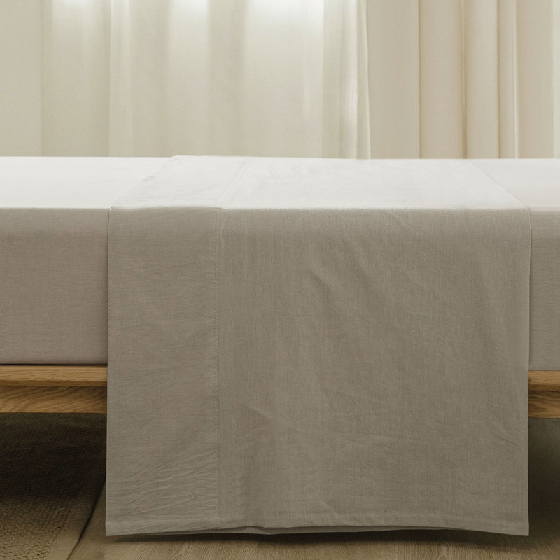 Linen Like Textured Flat Sheet 100% Washed Cotton Breathable Durable Soft Comfy, Tannish Grey, Queen Flat Sheet