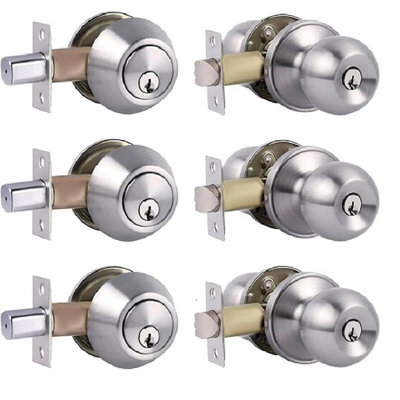 Serrure à pêne dormant simple à cylindre et bouton de porte avec serrure, serrures à clé identiques pour porte d'entrée (nickel satiné, ensemble de 3)