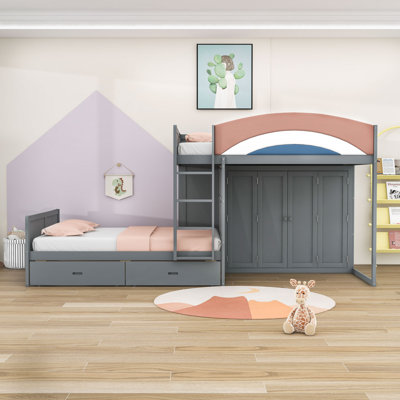Lit double superposé double en bois avec garde-robe et garde-corps
