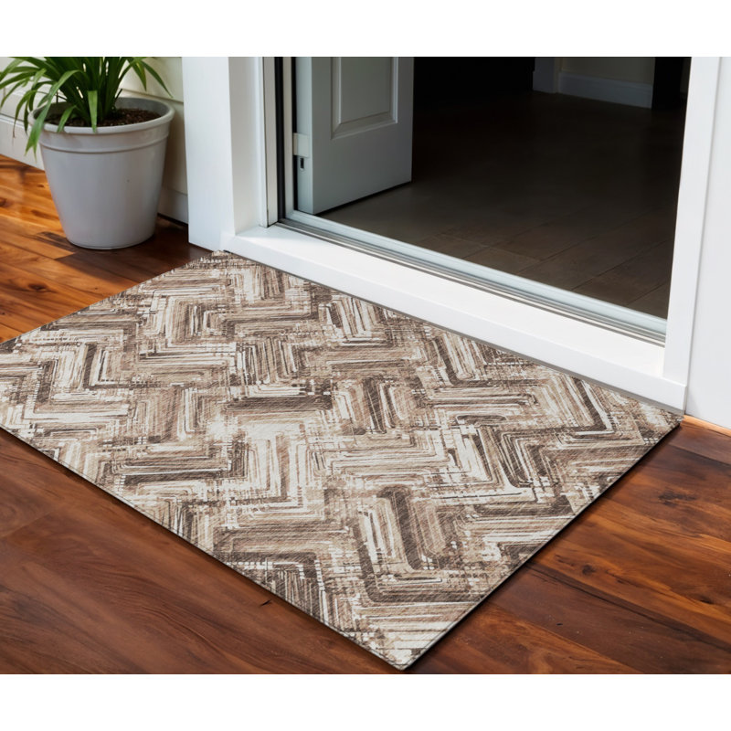 3' X 5' Brown Taupe And Tan Geometric Washable Indoor Outdoor Area Rug