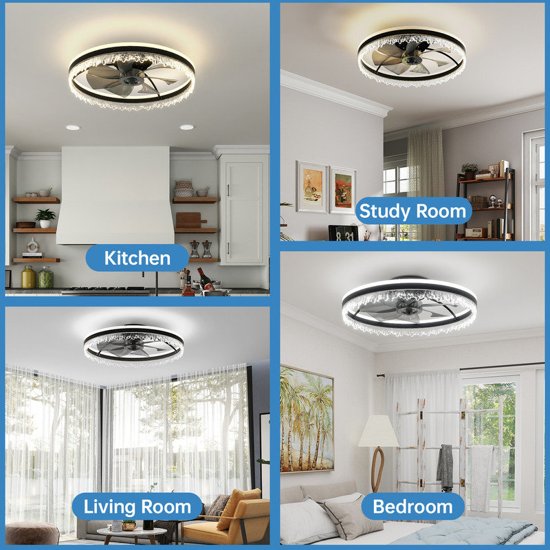 24'' Modern LED Ceiling Fan with Light, Dimmable, Crystal Design, Invisible Blades, Remote & APP Control, Adjustable Colour Temp, Quiet Fan for Bedroom Living Room