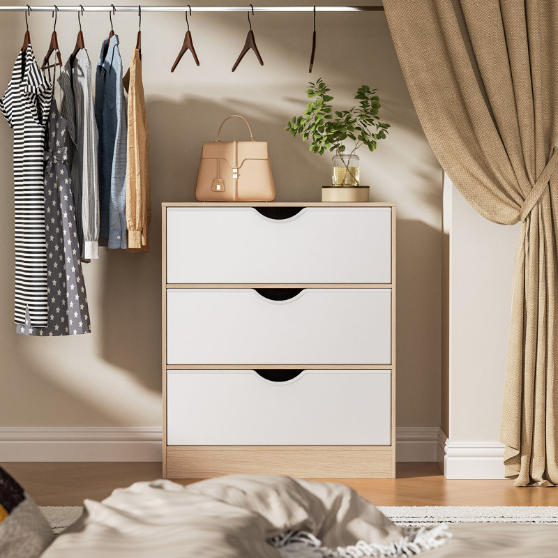3 Drawers Dresser For Bedroom With Fabric Pu Drawer, White Dresser With Wood Frame, Large Organizer, Small Chest Of Drawers For Closet, Living Room, Hallway, Oak