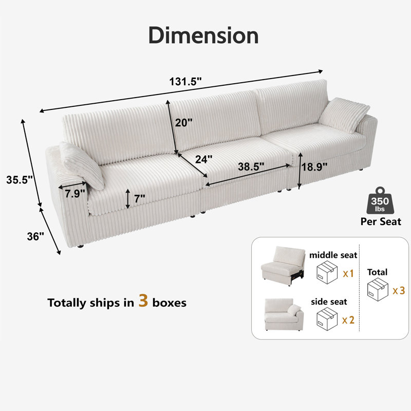 Canapé modulaire à 3 places, canapé en velours côtelé, coussin de siège surdimensionné, conception modulaire pour des combinaisons flexibles, assemblage sans outil, comprend 2 coussins décoratifs