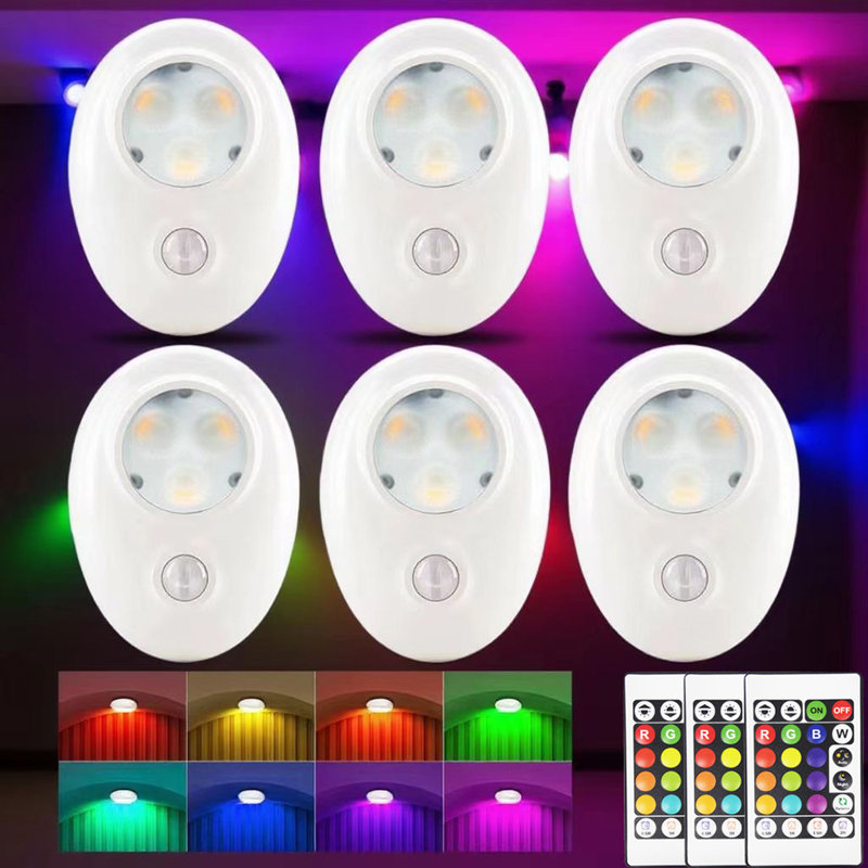 Lumières rondes rechargeables RVB avec télécommande, lumières de garde-robe portatives à capteur de mouvement, éclairage à intensité variable sous l'armoire (ensemble de 6)