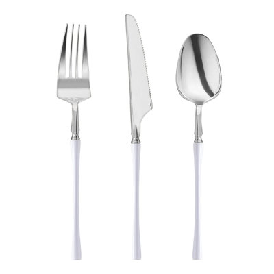 Silver with White Handle Moderno Disposable Plastic Cutlery Set - 240 Guests