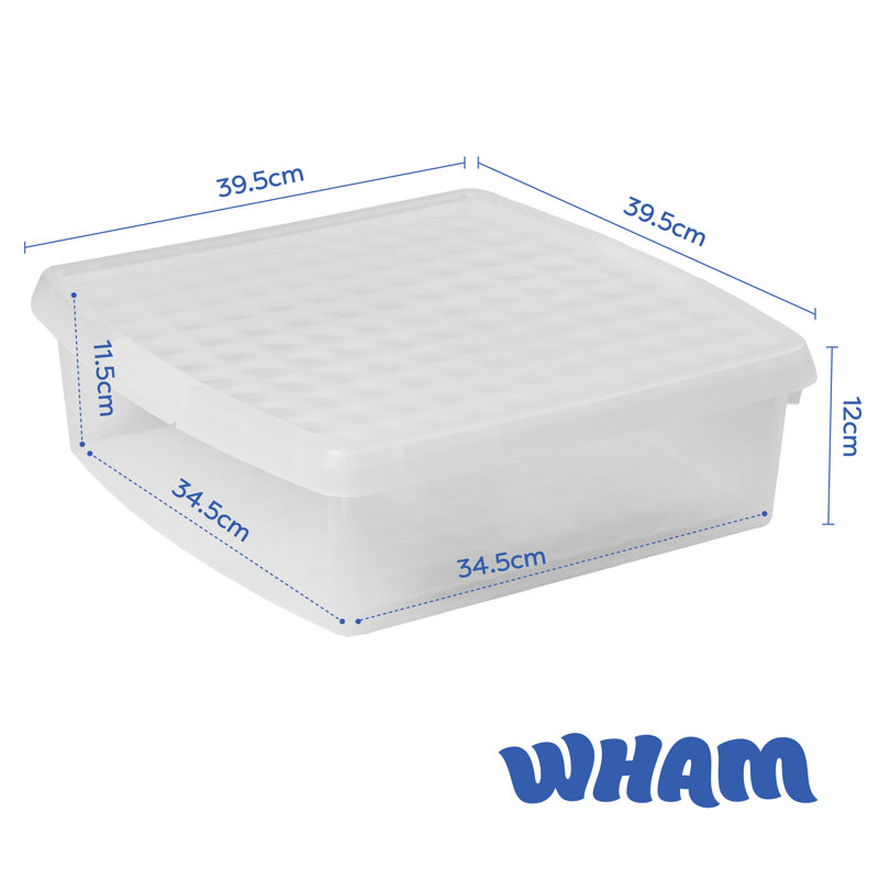 Clip 13.2L Square Plastic Storage Boxes with Secure Clip Lock Lids. L:39.5 x W:39.5 x H:12cm Clear/Clear/Clear
