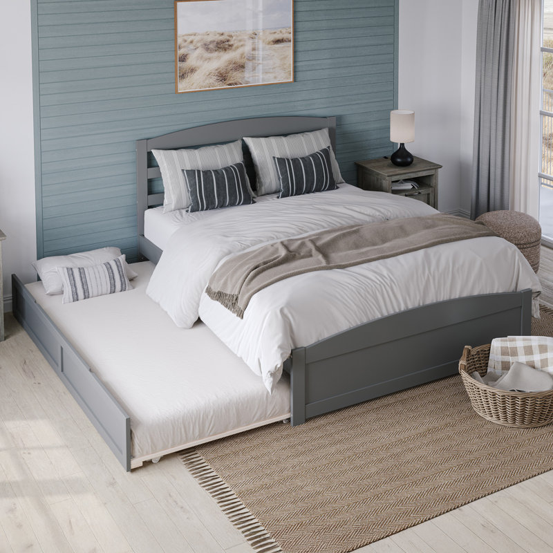 Lit plateforme en bois massif avec pied de lit et gigogne Elliana, Grand, gris
