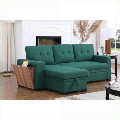 Canapé modulaire 3 pièces rembourré avec lit escamotable, rangement pour chaise longue et amp; Porte-gobelet | Lin | Standard