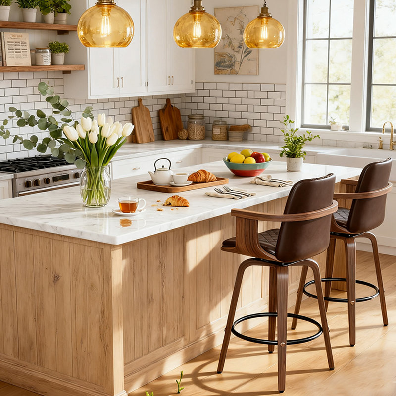 Modern 360° Swivel Bar Stools With Bentwood Armrests – PU Leather Cushioned Seat, High-Density Foam, Metal Footrest, Kitchen & Home Bar Seating