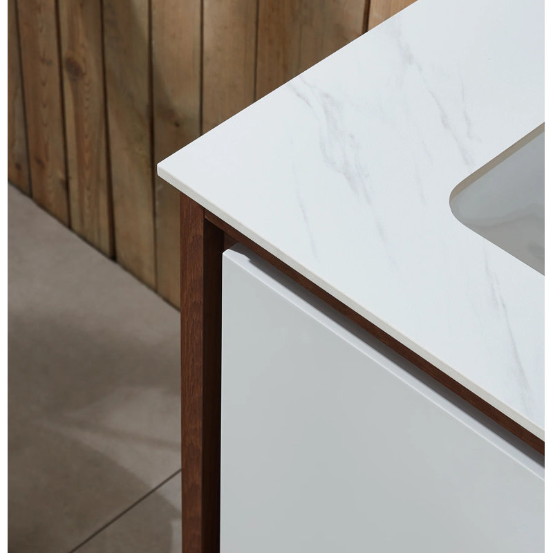 Meuble-lavabo en placage de contreplaqué 60 po avec plateau en pierre reconstituée Tomesia, Beige / noyer, Blanc