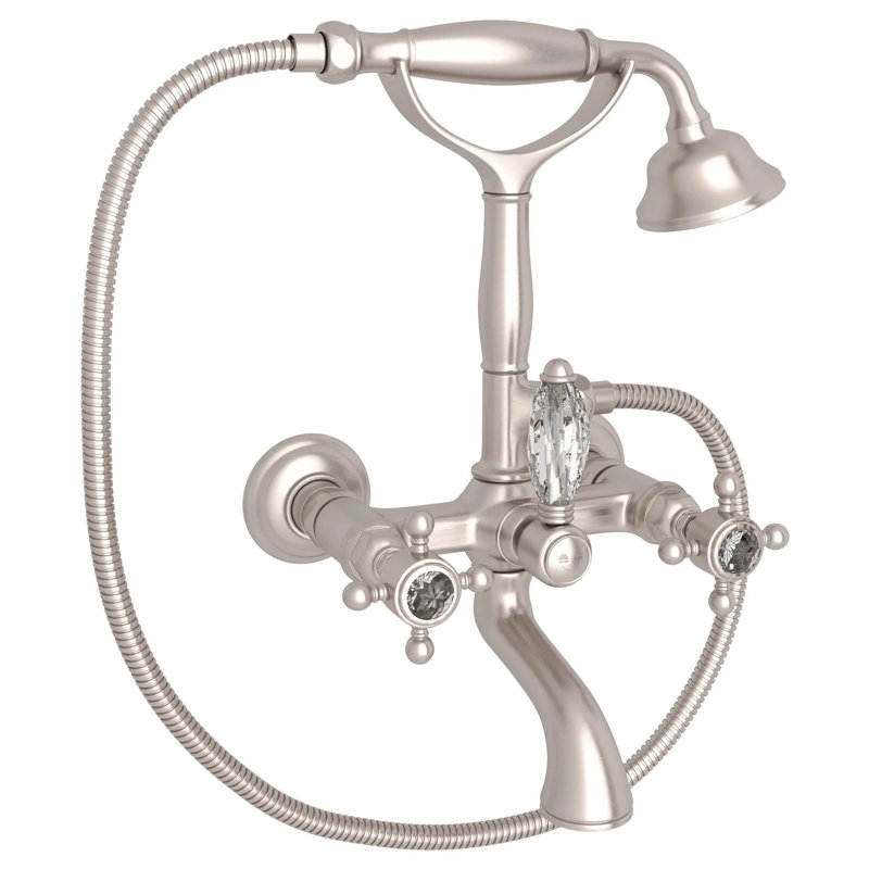 Country Exposed Wall Mount Tub Filler, Satin Nickel, Metal Cross Handle