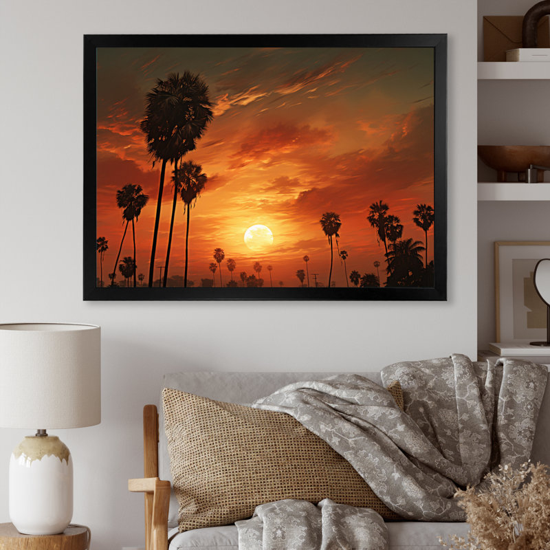 Coucher de soleil avec palmiers sur toile, H 24 po x l 32 po x P 1 po, Cadre photo noir
