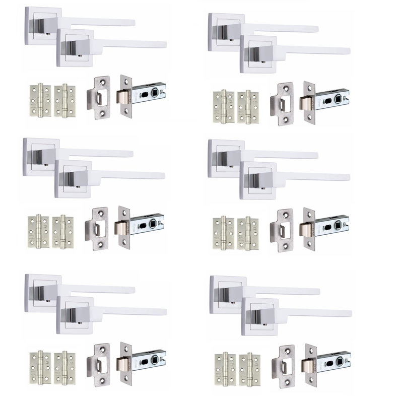 6 Pairs Zeta Premium Design Door Handles on Square Rose in Polished Chrome Finish