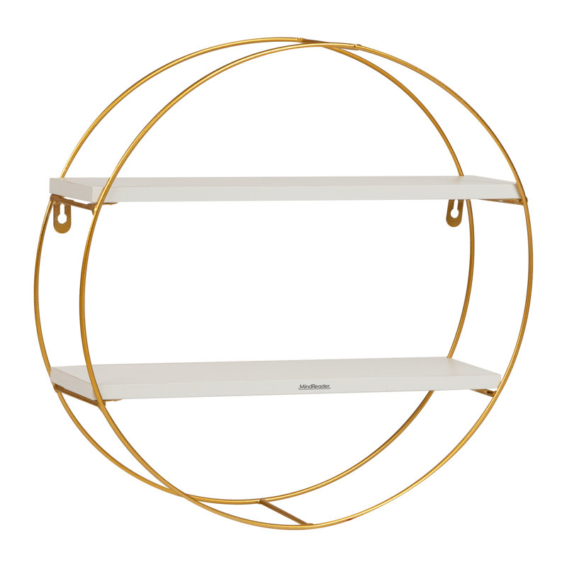 Mind Reader Floating Round Wall Shelves, Gold Metal Frame with Dual White Display Shelves, Decorative Wall-Mounted Organizer for Living Room, Office, or Bathroom, Metal. MDF, White