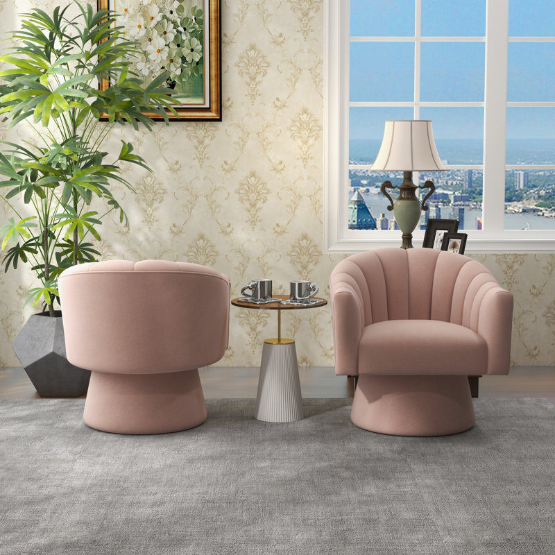 Iryanna 25.2'' Wide Tufted Swivel Barrel Chair, Pink Velvet, 2