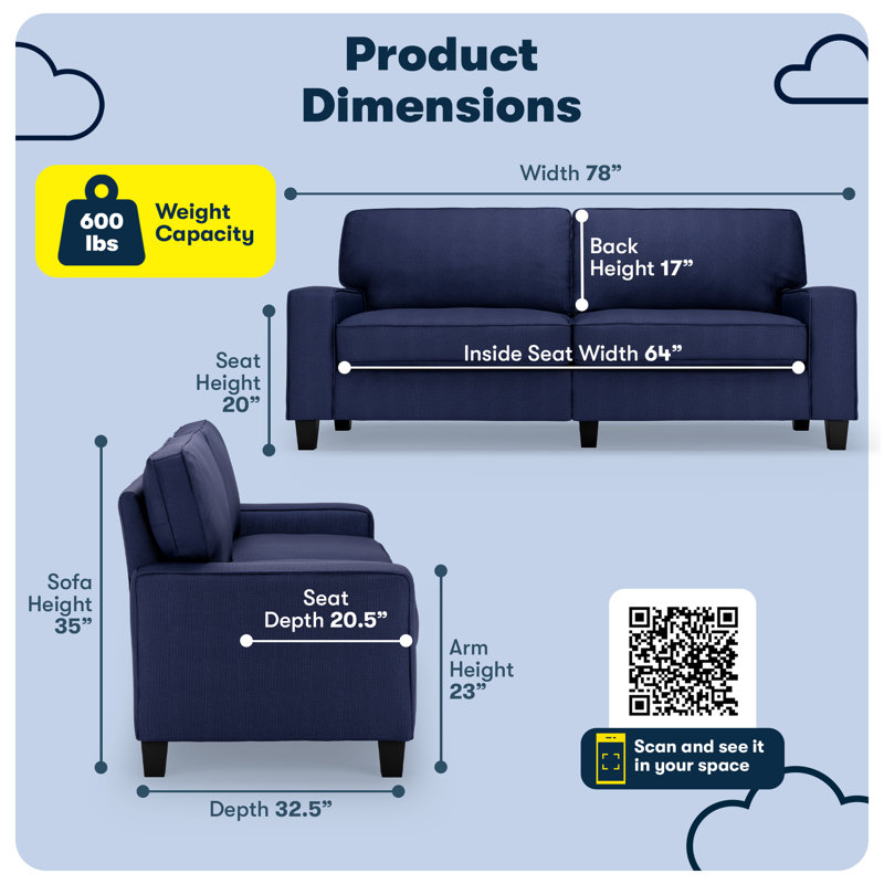Serta Palisades Track Arm Sofa, Easy Care Fabric, Soft Pillow Back, Pocket Coil Seat Cushions, Navy Polyester, 78"