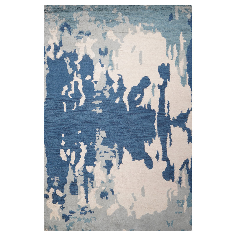 Bleu | Tapis intérieur beige en laine noué à la main, Rectangulaire 8 pi x 10 pi