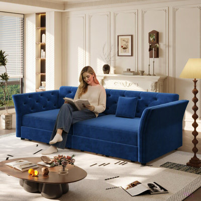 74.4" Pull Out Sofa Bed, Convertible Sleeper Sofa with Handmade Fabric Flower Tufted Design, Multi-Functional Velvet Loveseat Bed for Living Room, Bedroom
