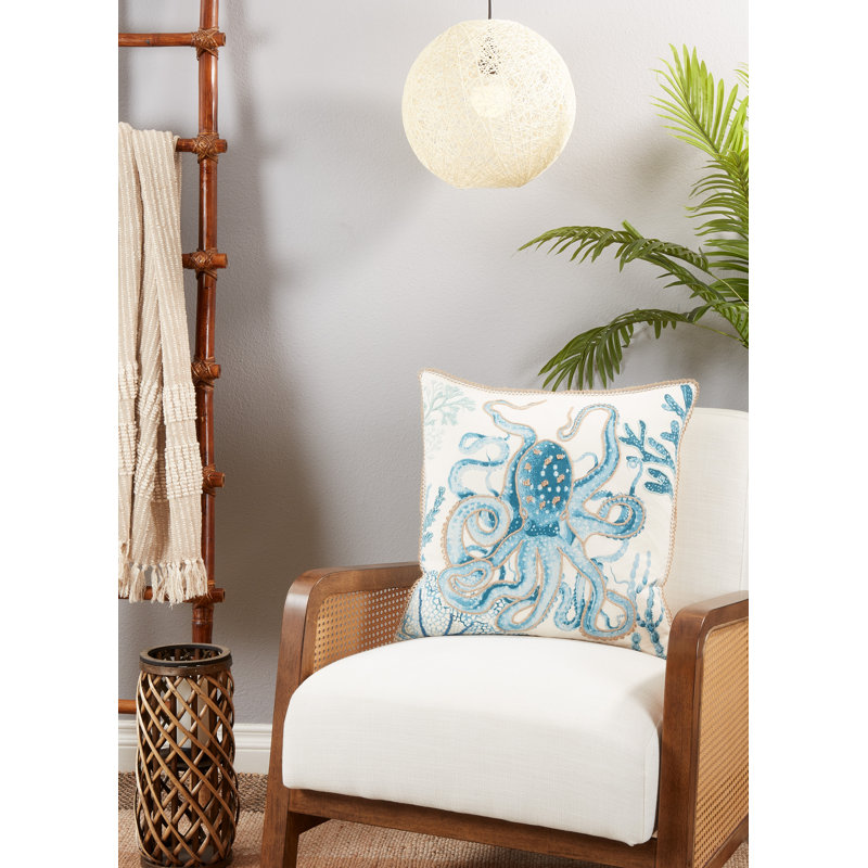 Aqua Blue Cotton Octopus Design 20" Square Throw Pillow Cover