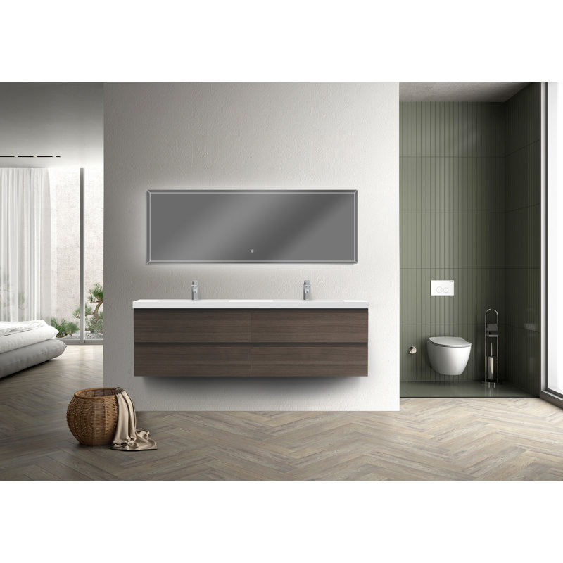 Angela 72 inch Fully Assembled Double Floating Bathroom Vanity with Solid Surface Sink, Gray Oak
