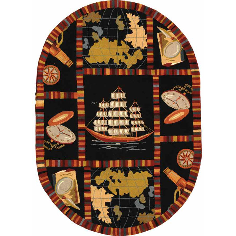 Eldridge Hand Hooked Wool Pile Geometric Rug, Oval 4'6" x 6'6"