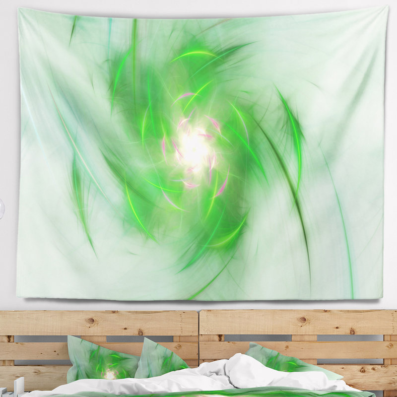 Tapisserie tourbillon abstrait vert sur blanc, H 78 po x l 92 po