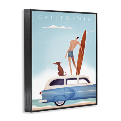 California Beach Day With Dog Framed Giclee Art, Design By Martin Wickstrom