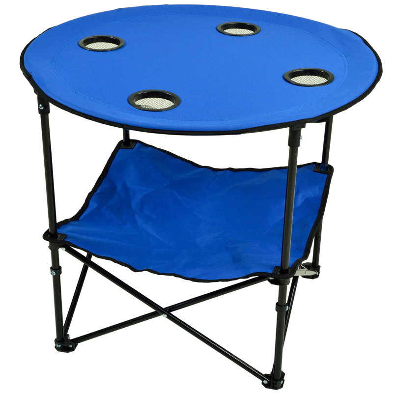 28" Blue Steel Round Folding Portable Beach Table with Cupholders