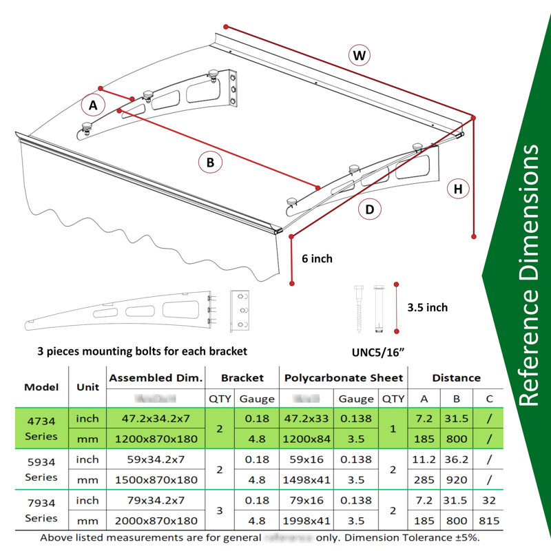 Door Window Awning Canopy 47X34. Thick Polycarbonate, Strong Brackets, Heat Resistance, 3 Mounting Points, Included Valance For Wooden Wall House, 0.137" Aluminum & Snow Spots, Modern Style