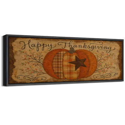 «Happy Thanksgiving Patchwork Pumpkin Rustic Folk Art», impression sur toile encadrée