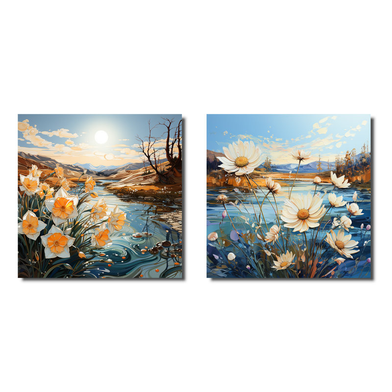 Daisy and Daffodils Tranquility Floral Field - Ensemble de 2 collages carrés, H 36 po x l 73 po, Toile tendue