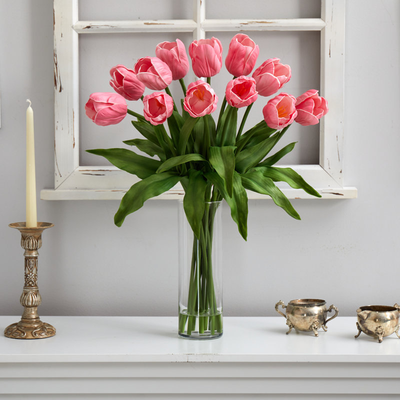 23in. Artificial Tulip Arrangement with Cylinder Glass Vase, Rose