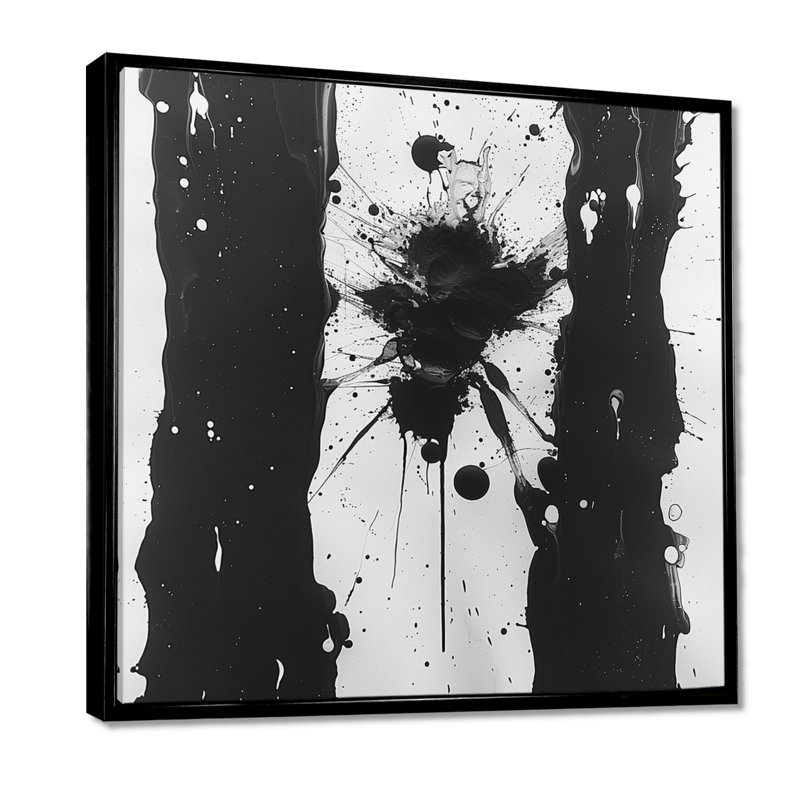Sudden Chaos Black White Minimal Spatter - Art mural abstrait à l'encre liquide, Toile avec cadre flottant noir