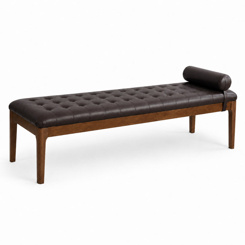 Banc contemporain en cuir Nano avec appui-tête amovible capitonné à boutons profonds et structure en bois d'hévéa pour la fenêtre ou le vestibule de la chambre à coucher