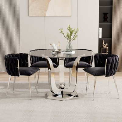 38.9" Round Tempered Glass Dining Table Set For 4, Modern Kitchen Table With Silver Stainless Steel Base & 4 Velvet Upholstered Chairs, 5 Piece Dining Room Set For Apartment, Home