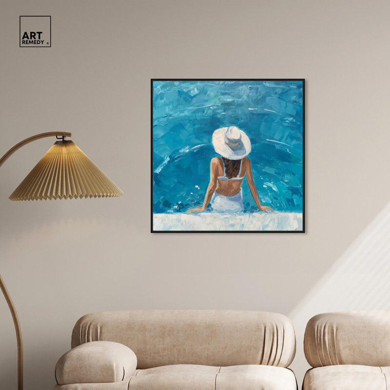 Art moderne de plage sur toile au bord de la piscine par Art Remedy, Cadre noir, H 13 po x l 13 po
