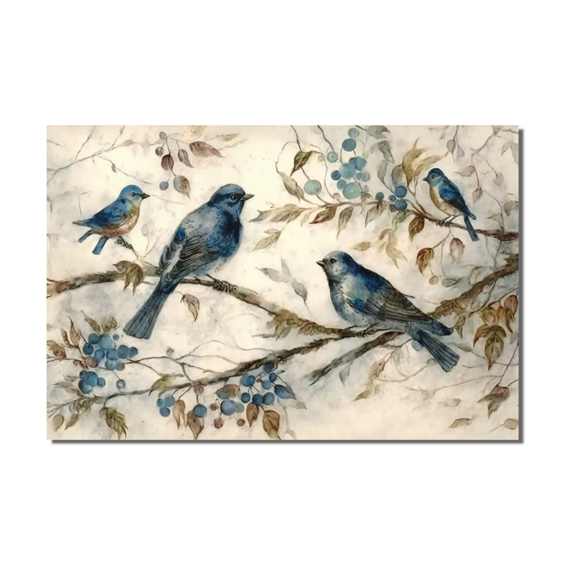 Quatre oiseaux bleus rétro sur une branche IV - Art mural oiseau