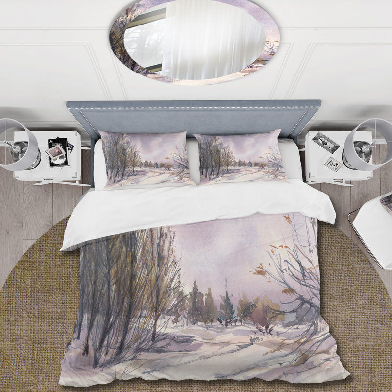 Paysage d'hiver avec des tons de neige mauves - Ensemble de housse de couette traditionnel - Microfibre de polyester
