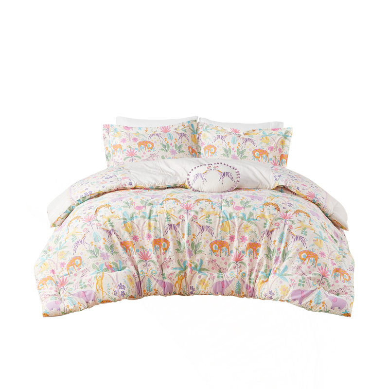 Ensemble d'édredon réversible en coton 4 pièces, ensemble d'édredon à imprimé floral mauve avec coussin décoratif