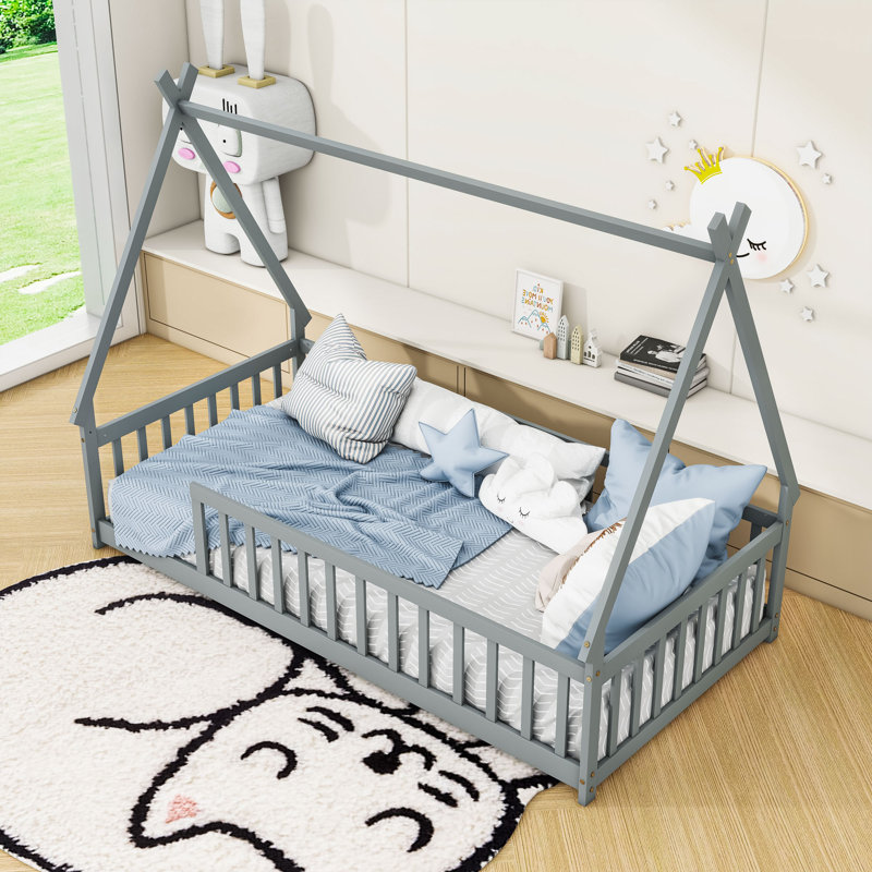 Twin Wooden Floor Bed With Teepee Design And Slats, Gray