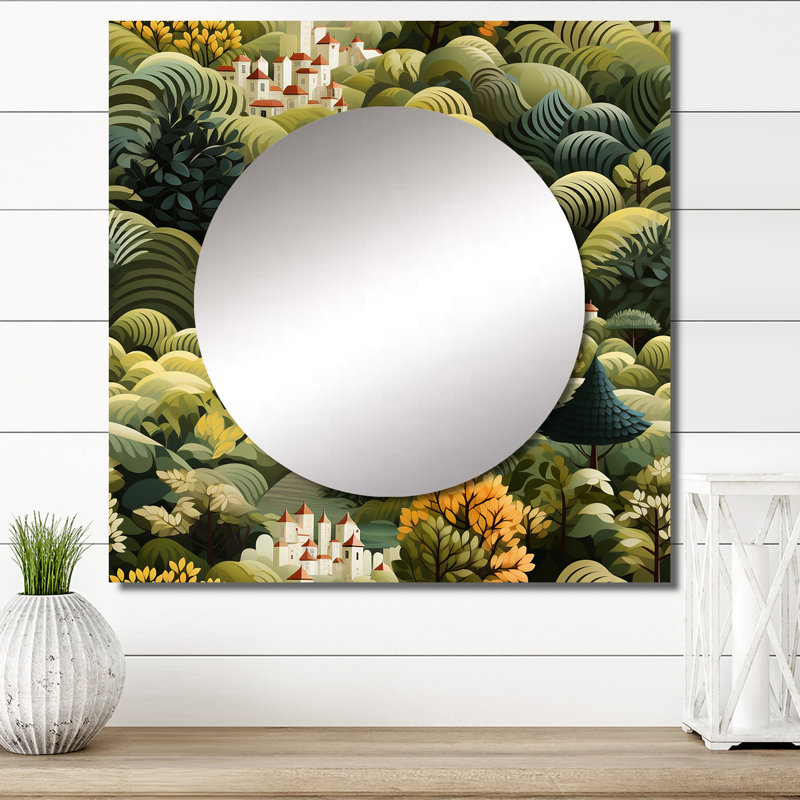 Green Green Dreamy Forest Landscape - Grand miroir mural carré moderne pour la chambre à coucher, 23 po x 23 po