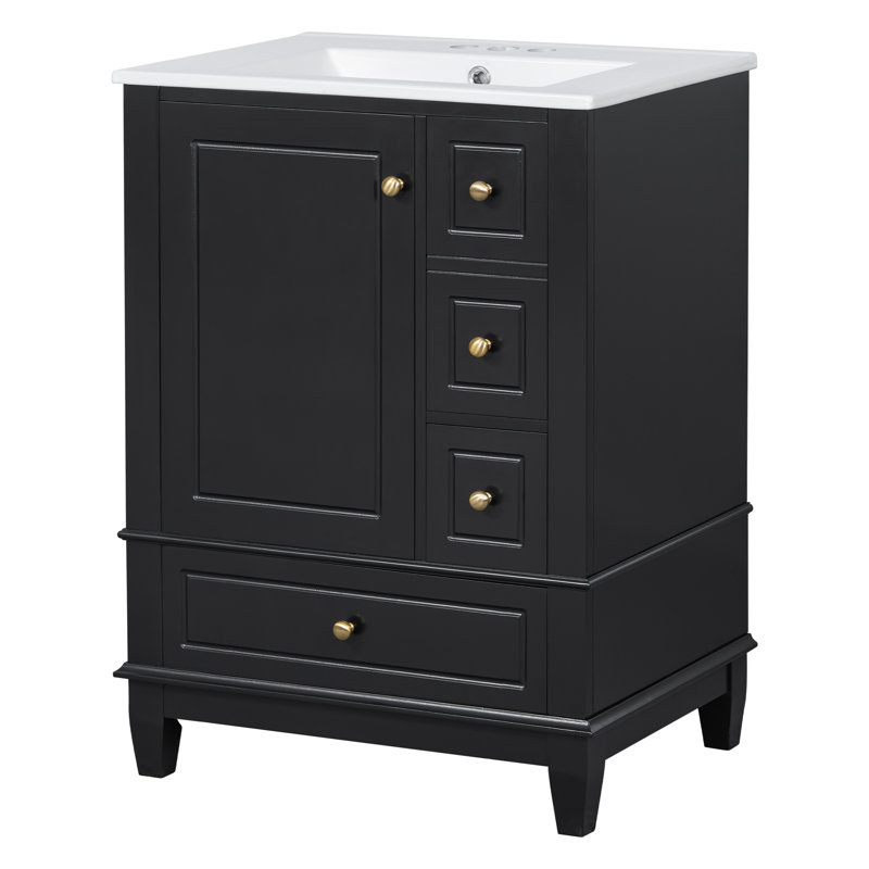 Hutton 24" Freestanding Bathroom Vanity with Ceramic Sink, Drawers & Shelves, Black