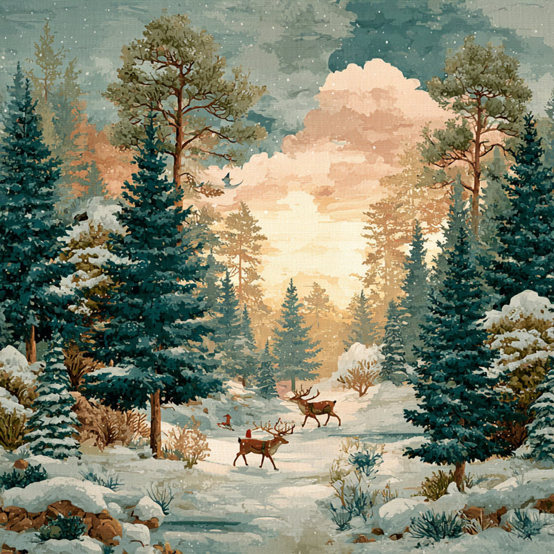 «Sunrise Winter Pines with Deer», art mural sur toile tendue, H 40 po x l 40 po