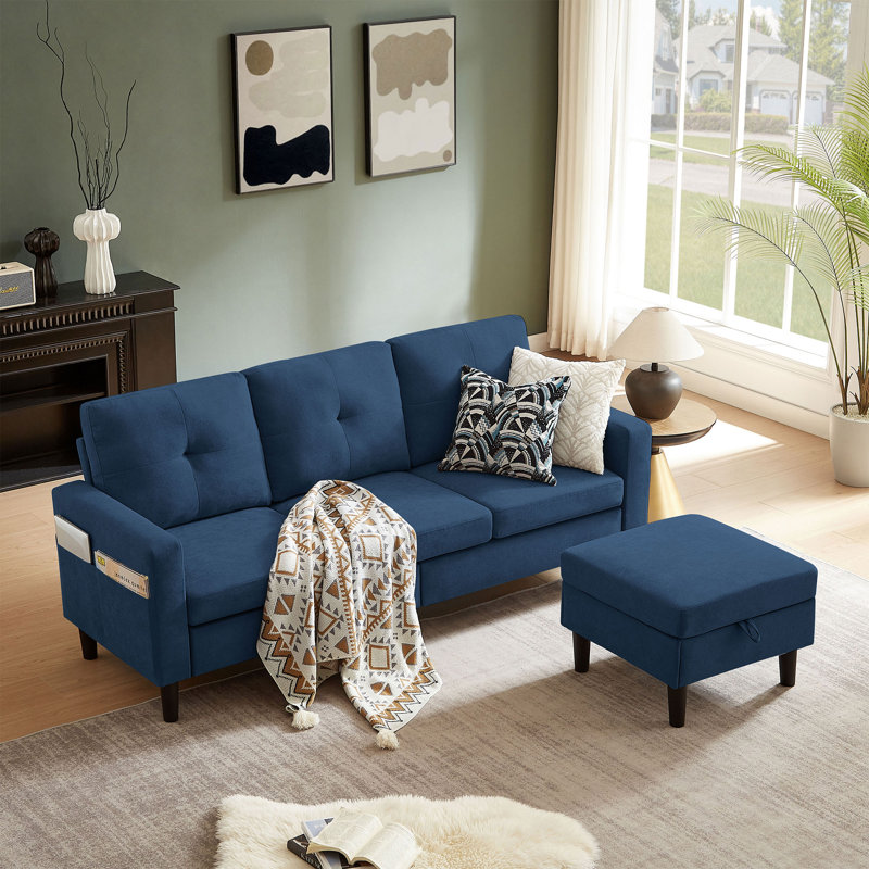 79.14" L Shaped Sofa with Storage Pockets and Reversable Storage Ottoman, Blue