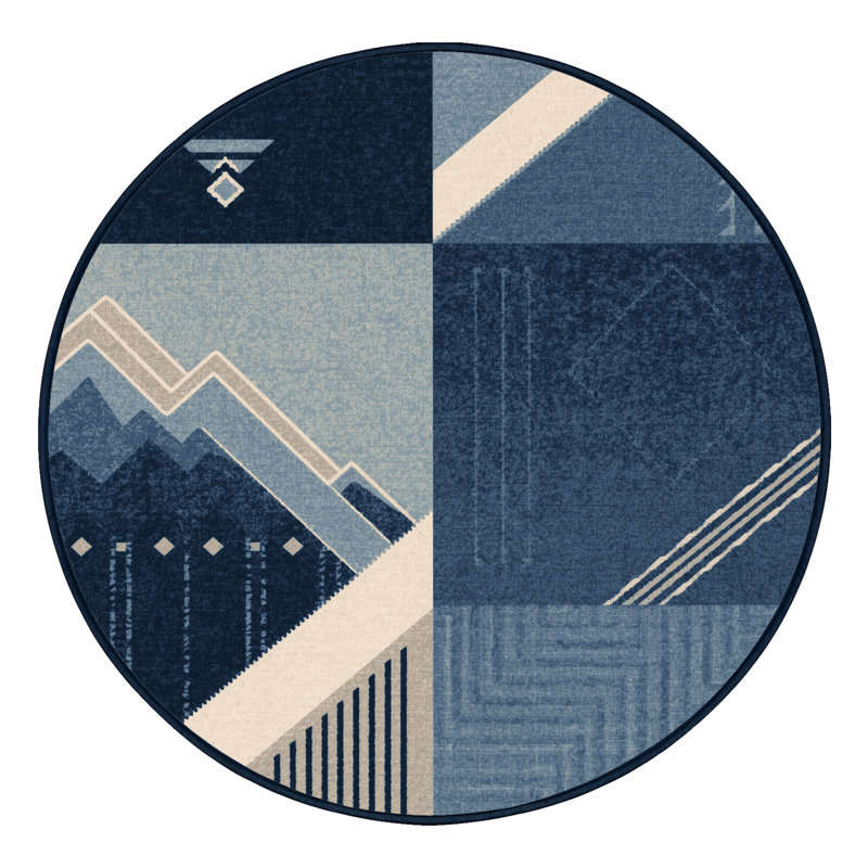 Tapis moelleux moelleux bleu à motif de blocs d'inspiration mondiale Eberhard, Rond 5 pi