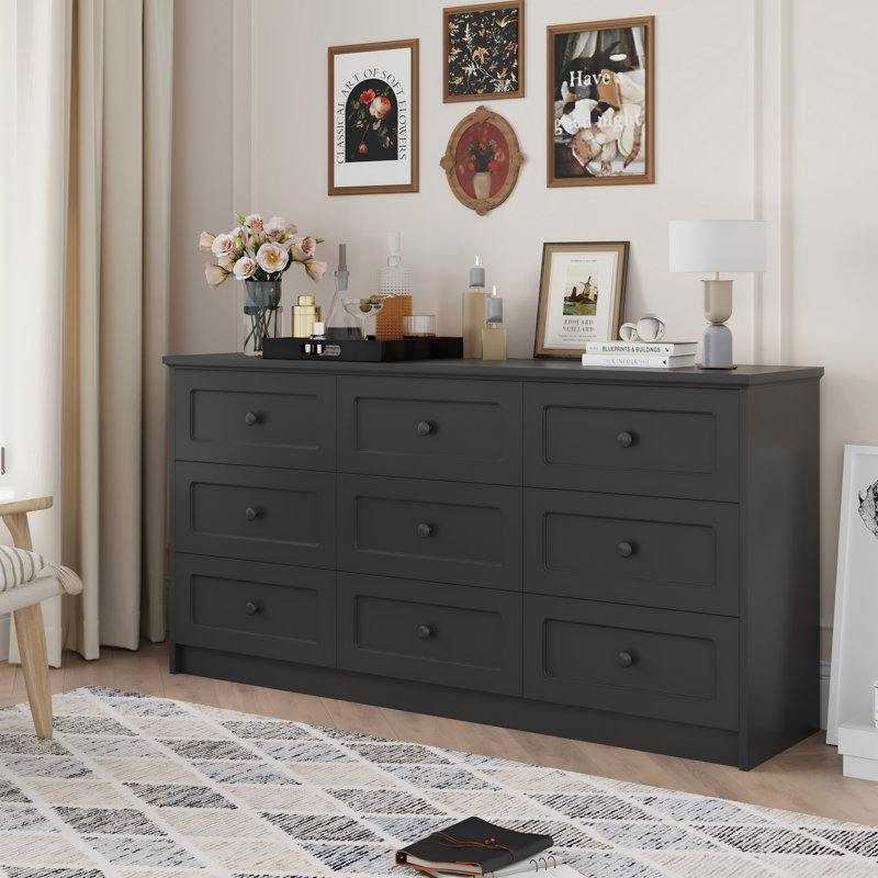 Black High Gloss Dresser Ebern Designs Adora Dresser For Bedroom, Mid  Century Chest Of Drawers With Storage, 9 Drawer Dresser With Curved Profile  Design, Wooden Modern Dresser For Living Room, Bedroom, Entryway