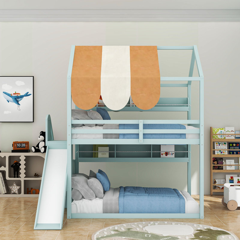 Full Over Full Wood House Bed With Slide, Canopy And Shelves, Light Green