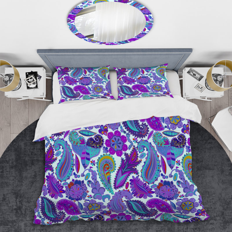 Ensemble de housse de couette à motif floral à motif cachemire mauve et bleu, Housse de couette pour très grand lit et 2 très