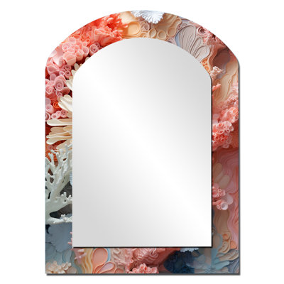 Pink And White Coastal Coral Collage IV - Corals Arch Decorative Mirror, Cream Asymmetrical Wall Mirror, Printed Metal Art