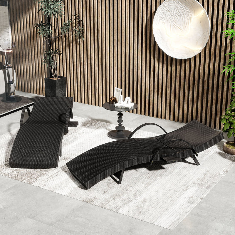 All-Weather Wicker Patio Chaise Lounge Set with Pull-Out Side Table and Adjustable Backrest, Dark Brown